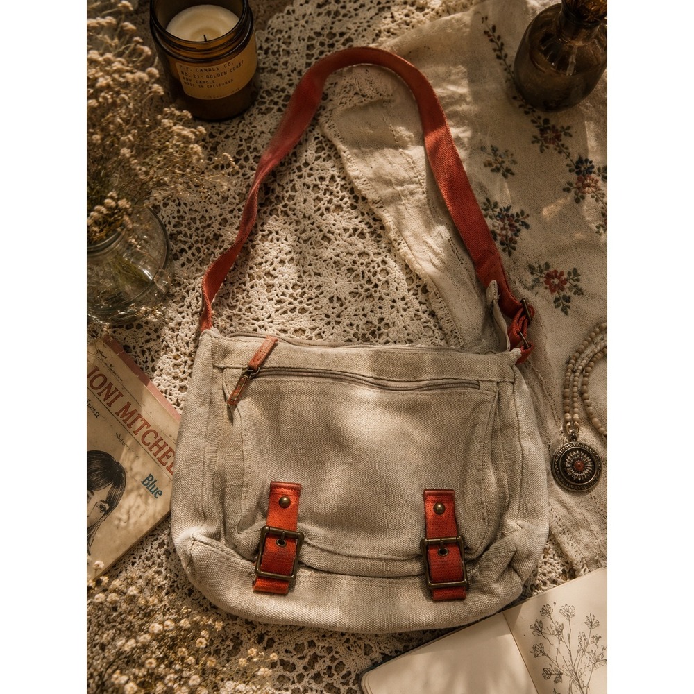 Y2K 2000s Gap Canvas Crossbody Messenger Bag Beige Orange Buckle Utility Boho